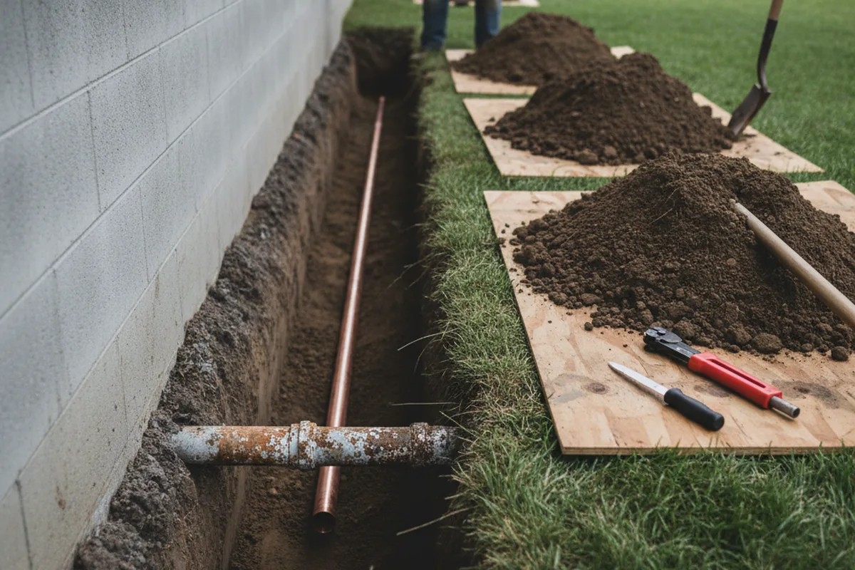 Excavated water line trench during Sewer Line Repair in Baldwin